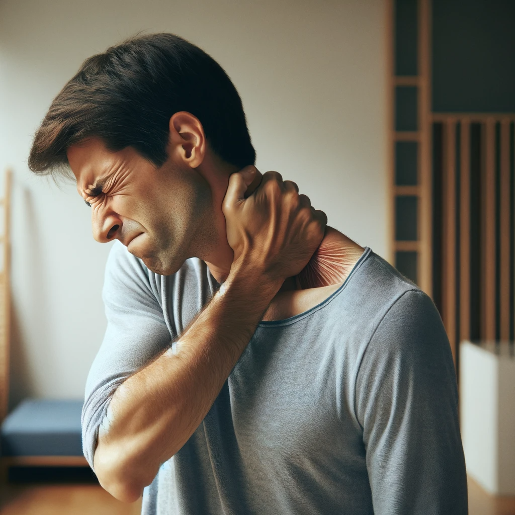 Persona que siente dolor en el cuello llevando la mano a la zona